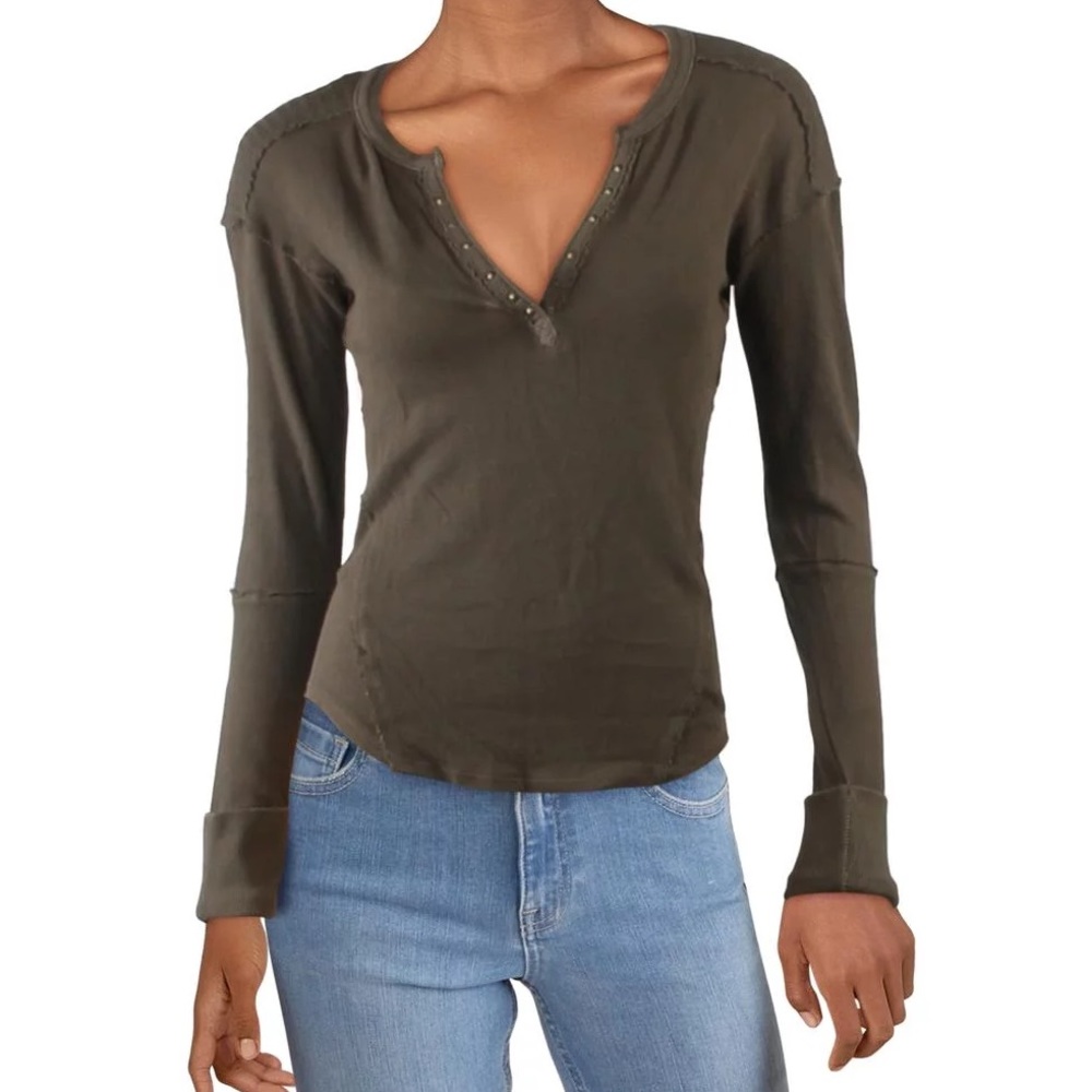 Military Mix Cotton Studded Henley Top